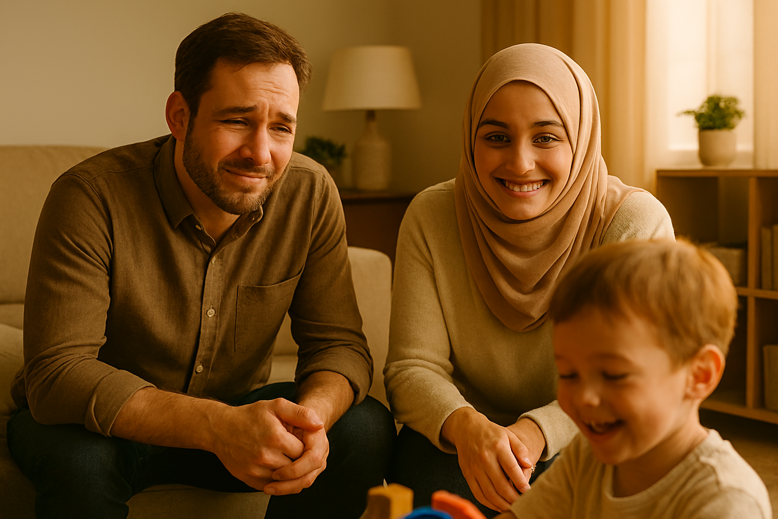 صورة لأب أو أم ينظران إلى طفلهما بفخر وارتياح بعد أن حصلا على خارطة الطريق